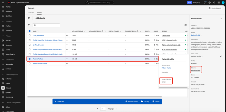 El panel Conjuntos de datos con un conjunto de datos seleccionado y un cuadro de diálogo de esquema abierto desde el panel de detalles del conjunto de datos. El identificador principal del conjunto de datos está resaltado.