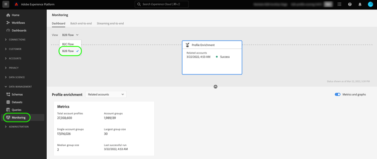 Indicación visual de cómo llegar a la pantalla de monitorización de trabajos de enriquecimiento de perfil en la interfaz de usuario de Experience Platform.