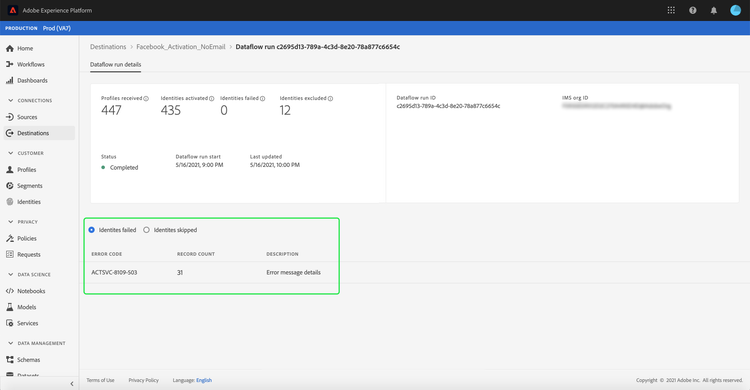 Registros de flujo de datos para destinos de flujo continuo con un mensaje de error resaltado.