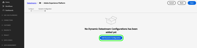 Imagen de la interfaz de usuario de flujos de datos que muestra el mensaje de configuración dinámica sin regla agregada.