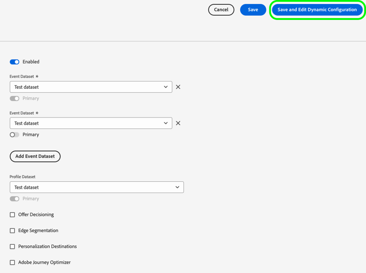 Imagen de la interfaz de usuario de flujos de datos que muestra la página de configuración del flujo de datos.