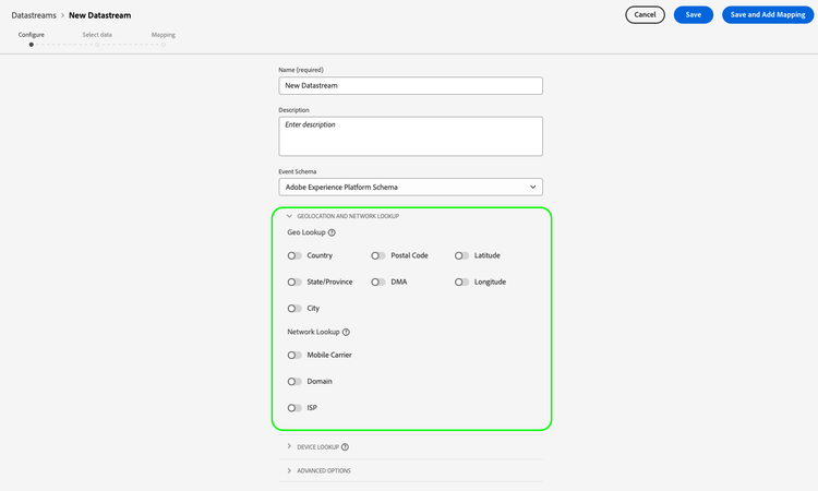 Pantalla de configuración de flujo de datos con los ajustes de geolocalización y búsqueda de red resaltados.