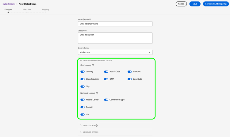 Pantalla de configuración de secuencia de datos con los valores de geolocalización y búsqueda de red resaltados.