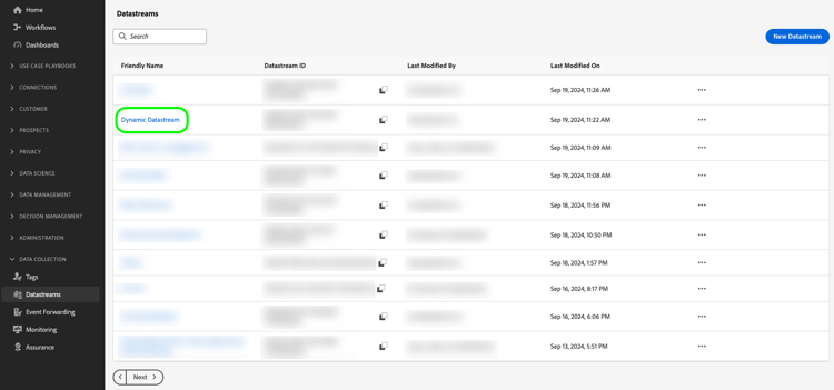 Imagen de la interfaz de usuario de flujos de datos que muestra la lista de flujos de datos.