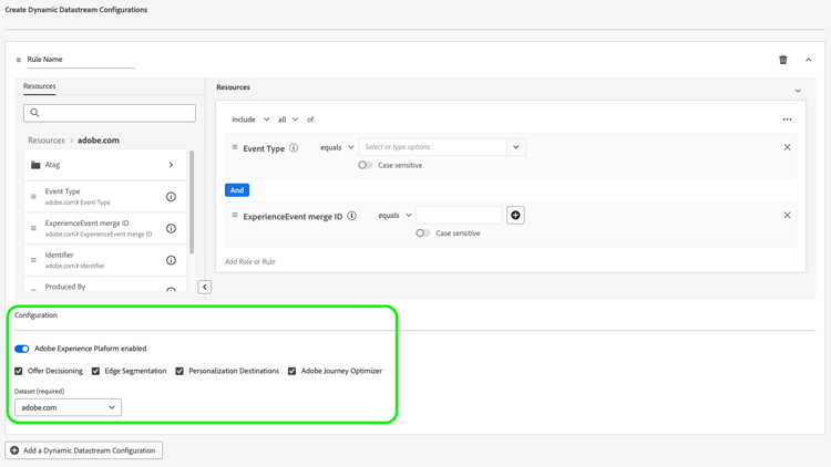 Imagen de la interfaz de usuario de flujos de datos que muestra la regla de configuración dinámica.