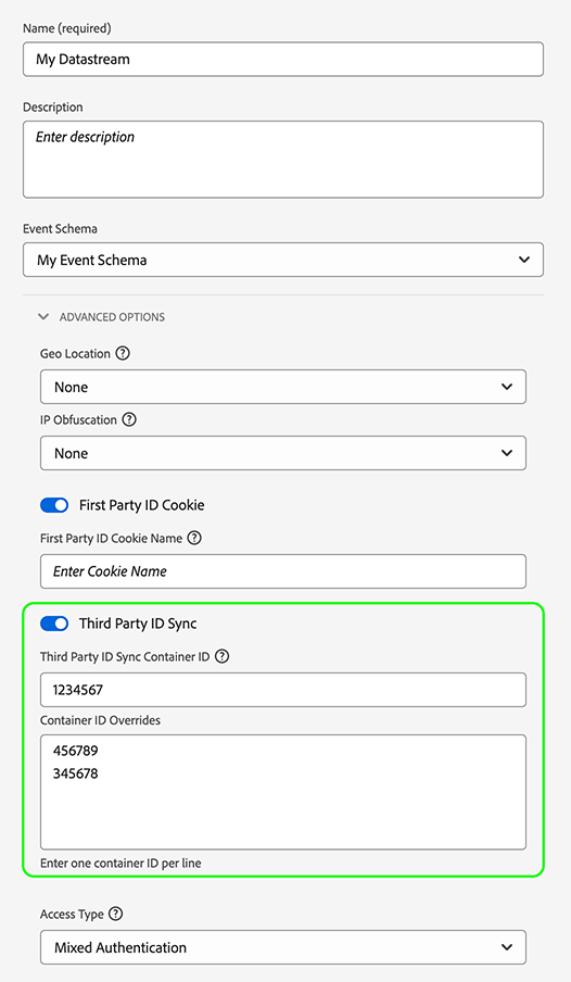 Captura de pantalla de la IU de flujos de datos que muestra la configuración de secuencias de datos, con las anulaciones del contenedor de sincronización de ID de terceros resaltadas.