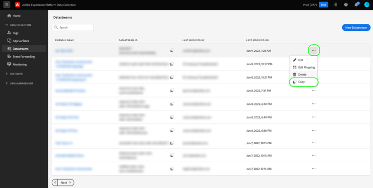 Imagen que muestra la opción Copiar seleccionada en la vista de lista de la secuencia de datos.