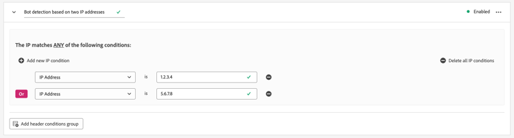 Regla de detección de bots basada en dos direcciones IP.