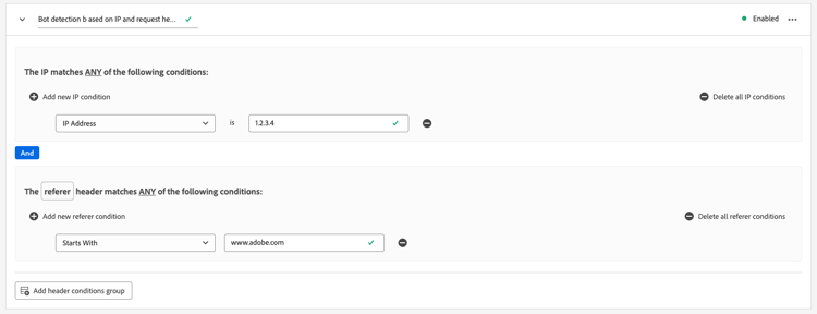 Regla de detección de bots basada en la dirección IP y el encabezado de solicitud.