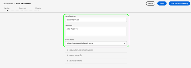 Configuración básica de una secuencia de datos