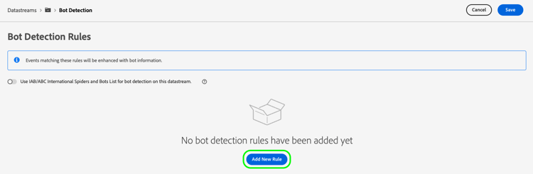 Pantalla de configuración de detección de bots con el botón Agregar nueva regla resaltado.