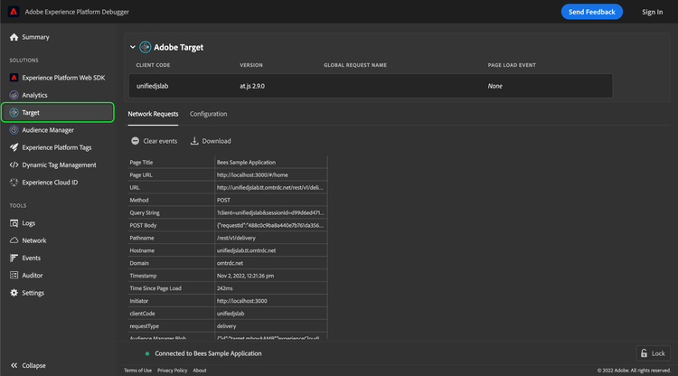 Vista de Target seleccionada en Platform Debugger, que indica que Adobe Target está activo en la página del explorador que se está viendo actualmente