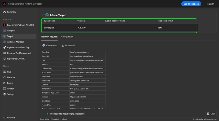 Información de configuración global para Target resaltada en Platform Debugger