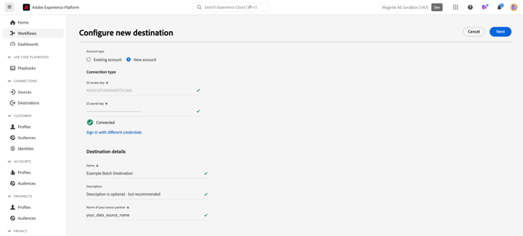 campos de autenticación de configuración de destino completados