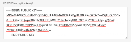 Imagen que muestra un ejemplo de una clave PGP correctamente formateada en la interfaz de usuario