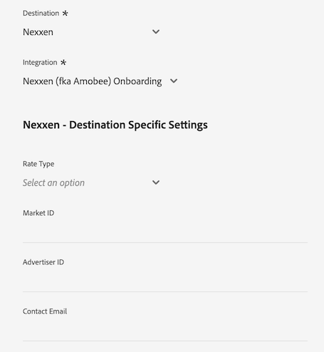 Imagen de la interfaz de usuario de la plataforma que muestra los campos de datos del cliente para el destino Nexxen.