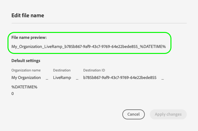 Captura de pantalla de IU de Platform que muestra la plantilla de nombre de archivo exportada.