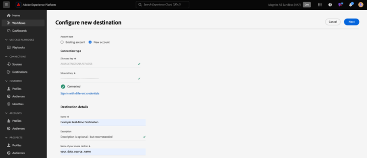 campos de autenticación de configuración de destino completados