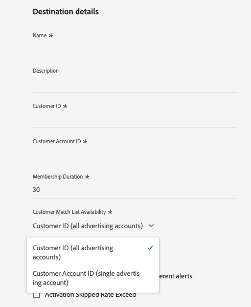 Imagen de la interfaz de usuario de la plataforma que muestra los campos de detalles de destino del destino de Customer Match de Microsoft Ads.