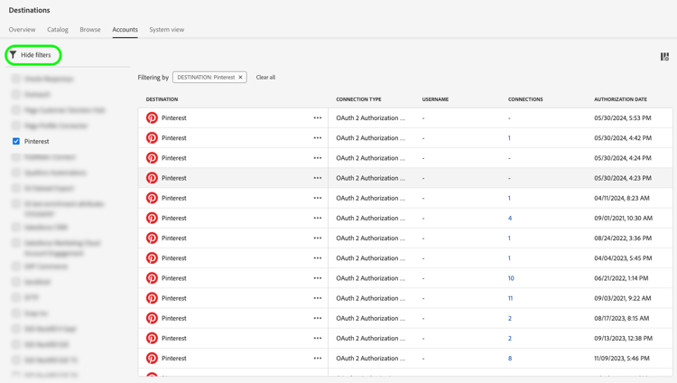 Filtrar para mostrar solo cuentas de Pinterest