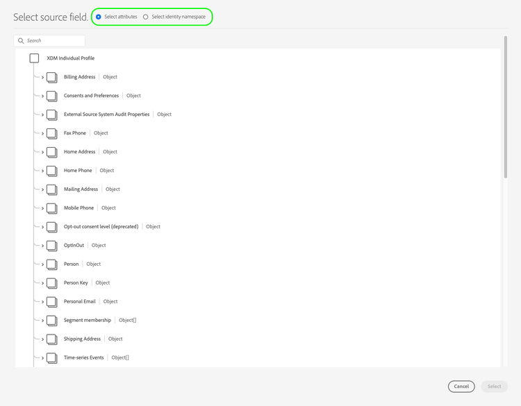 Captura de pantalla de la interfaz de usuario del Experience Platform que muestra la pantalla de asignación de origen.