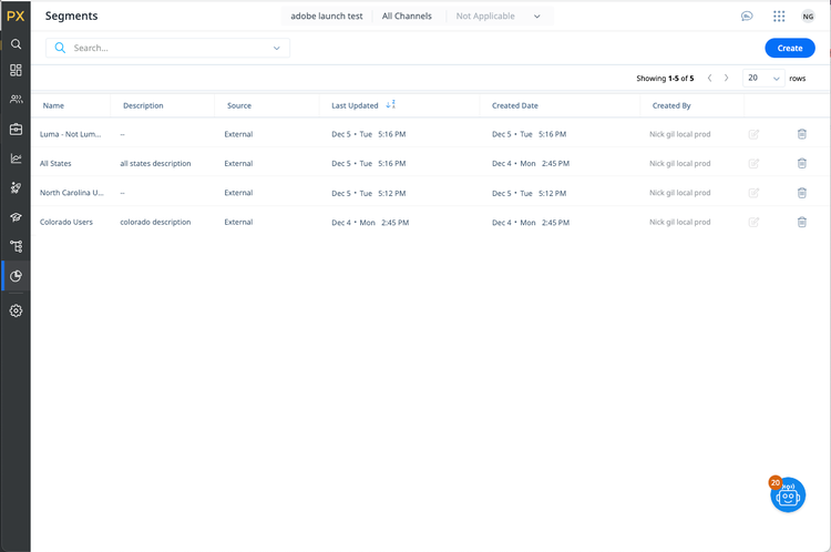 Pantalla de lista de segmentos en Gainsight PX que muestra segmentos externos.