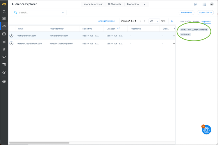 Audience Explorer en Gainsight PX muestra los segmentos asociados a un usuario.