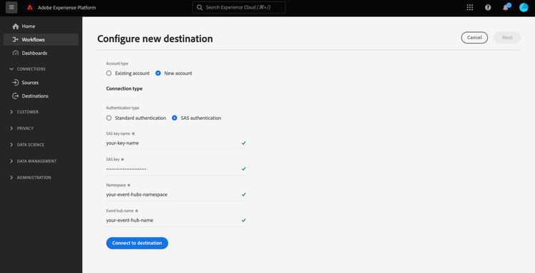Imagen de la pantalla de la interfaz de usuario que muestra los campos completados para los detalles de autenticación estándar de Azure Event Hubs