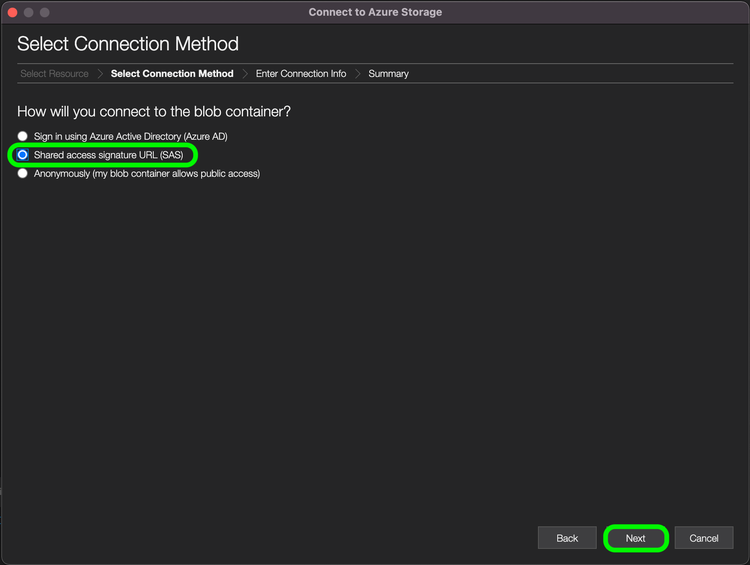 Seleccione el método de conexión resaltado en la interfaz de usuario de Azure.