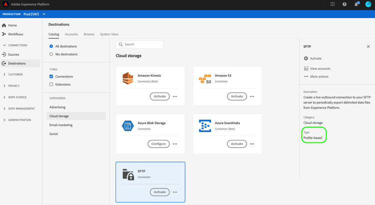 Tipo de exportación basado en perfiles SFTP resaltado en el catálogo de destinos.