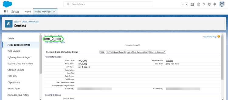Salesforce captura de pantalla de la interfaz de usuario que muestra el campo personalizado.