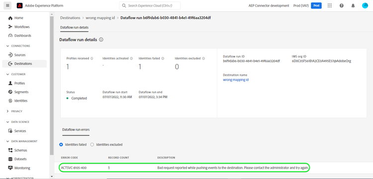 Captura de pantalla de IU de Platform que muestra el error de solicitud incorrecto.