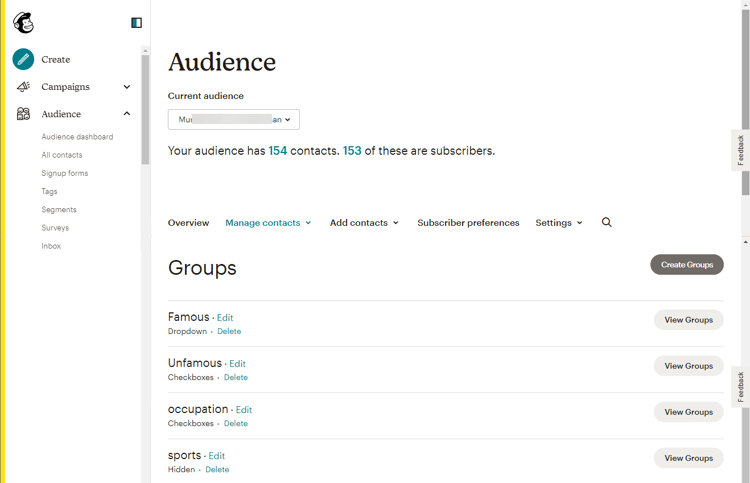 Captura de pantalla de la IU de Mailchimp que muestra la página del grupo Audience.