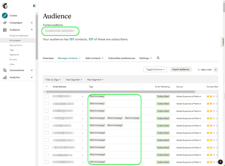 Captura de pantalla de IU de Mailchimp que muestra la página Audiencia.