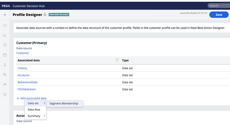 Imagen de la pantalla de la interfaz de usuario de, donde puede asociar datos de pertenencia de la audiencia de Adobe al cliente mediante el Diseñador de perfiles de cliente