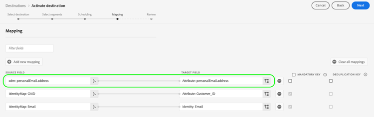 Captura de pantalla de la IU de Platform que muestra la asignación XDM a atributos personalizados para destinos basados en archivos.