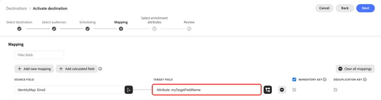 Campo de destino resaltado que muestra el nombre actualizado del encabezado en la vista de asignación.
