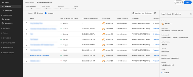 Flujo de trabajo de activación de destino con control Datasets resaltado.