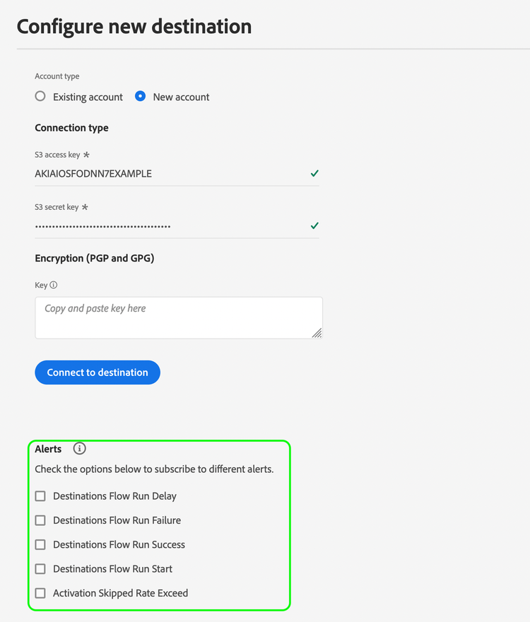 El cuadro de diálogo Configurar nuevo destino con las opciones de suscripción de alertas de destino en contexto resaltadas.