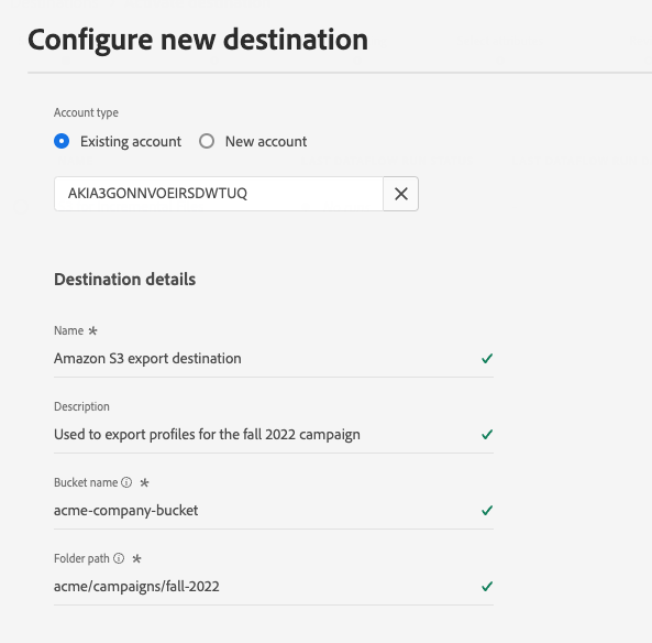 Imagen que muestra los parámetros de entrada opcionales y requeridos al conectarse a un destino de Amazon S3.