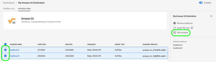 Pantalla de datos de activación que resalta la opción de editar las programaciones de activación para varias audiencias.