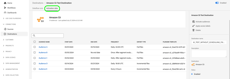 Destino del lote de vista de datos de activación