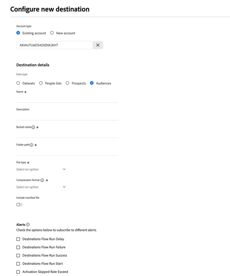 Cuadro de diálogo Configurar nuevo destino con las opciones de suscripción de alertas de destino.