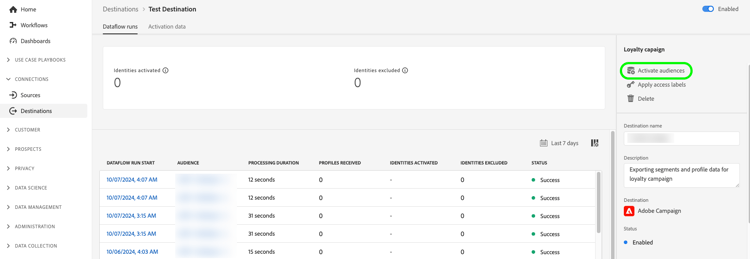 Imagen de la interfaz de usuario del Experience Platform que muestra la opción Activar ejecución del flujo de datos de audiencias.