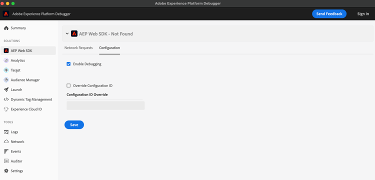 Imagen de la interfaz de usuario de Experience Platform Debugger que muestra la pantalla de configuración.