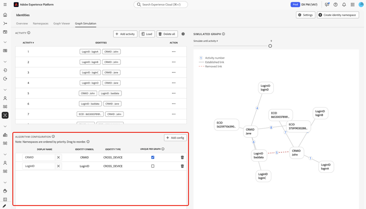 Panel de configuración de algoritmo que enumera áreas de nombres en orden de prioridad con controladores de arrastre y opciones únicas por gráfico para cada fila.