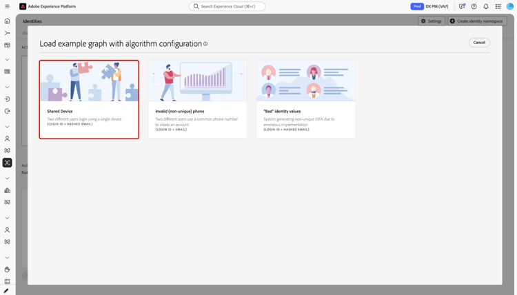 Ejemplo de cuadro de diálogo del selector de gráficos que enumera los valores de dispositivo compartido, teléfono no válido (no único) e identidad incorrecta con descripciones cortas para cada escenario.