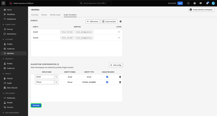 Los eventos y el algoritmo configurados para el teléfono no válido.