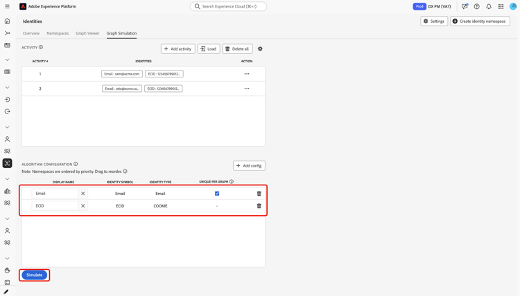 Configuración de algoritmo con áreas de nombres reordenadas para prioridad, casillas de verificación Unique per graph establecidas según sea necesario y Simular disponible para ejecutar la simulación.