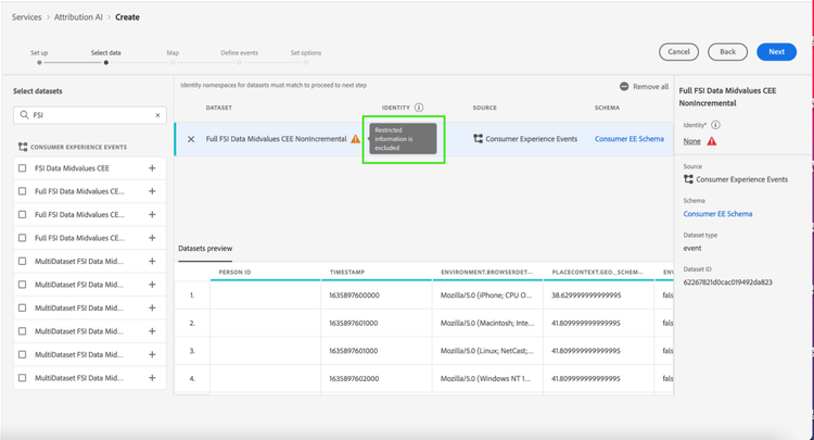 Espacio de trabajo de Attribution AI con los campos del conjunto de datos restringido resaltados.